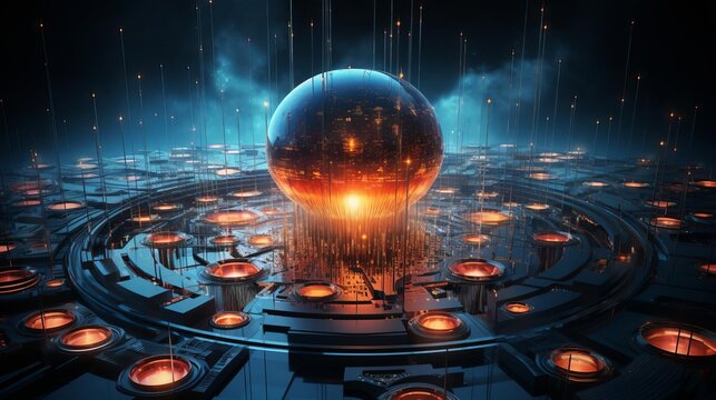 A glowing orange sphere hovers above a futuristic cityscape.
