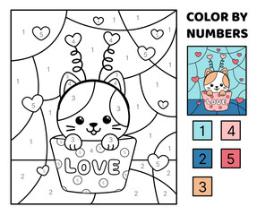 Color by number. Cupcake kitten. Coloring page. Game for kids. Kawaii, cartoon, vector