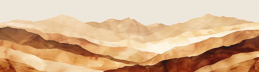 Generative AI illustration of brown watercolor lines as mountains panorama background.