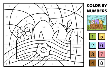 Color by number. Wooden box with Easter eggs. Coloring page. Game for kids. Cartoon, vector.