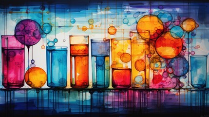 Abstract scientific art with colorful liquid bubbles in glass containers on a blue gradient background
