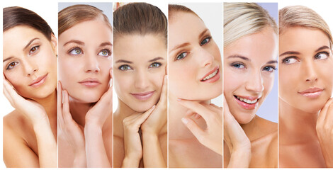 Collage, skincare and women with portrait in studio for beauty, cosmetics and makeup. People, hands...