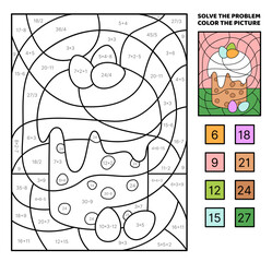 Solve the problem, color the picture. Easter cake and colorful eggs. Coloring book. Vector