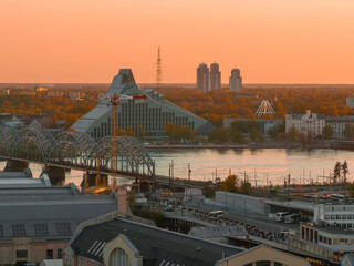 Aerial panoramic sunset over Riga National Library. Beautiful spring sunset over Riga. Golden hour...