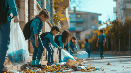 copy space, stockphoto, schoolchildren collecting trash in the street during a zero waste event. School children collecting waste from the streets in plastic bags, during a clean up. Environmental the