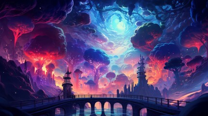 Fototapeta premium A mystical world of floating islands and glowing trees. A bridge crosses a river into a city of ancient ruins. The sky is a deep purple, filled with bright stars.