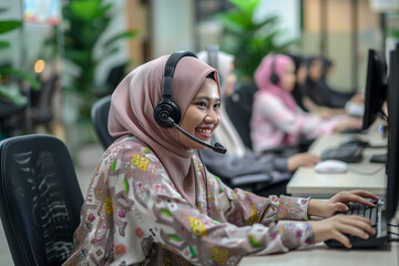 Malay female customer support operator with headset and smiling