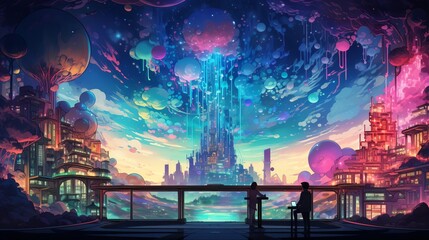 A breathtaking digital painting of a futuristic cityscape with vibrant colors and a sense of wonder