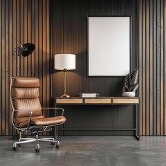 blank poster frame in a office, wooden walls and furniture