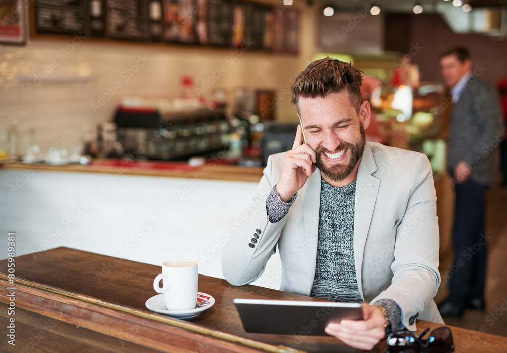 Poster businessman, phone call and happy in coffee shop for funny conversation and communication with clien