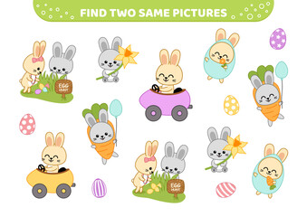 Find two same pictures. Egg hunt, Easter feast. Game for children. Cartoon, vector