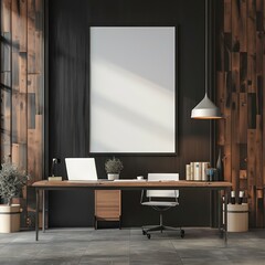 blank poster frame in a office, wooden walls and furniture