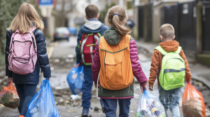 copy space, stockphoto, schoolchildren collecting trash in the street during a zero waste event. School children collecting waste from the streets in plastic bags, during a clean up. Environmental the