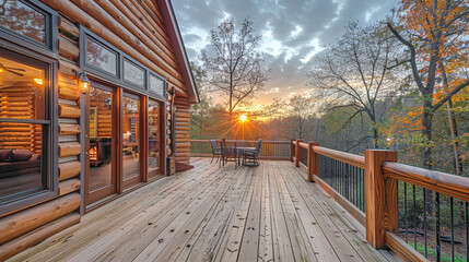 A quaint wooden deck extending from the kitchen, perfect for morning coffee and sunrise views.