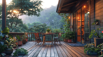 A quaint wooden deck extending from the kitchen, perfect for morning coffee and sunrise views.