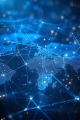 Obraz premium A dynamic global business map with connecting lines and nodes on a blue abstract background, symbolizing worldwide trade connections