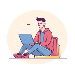 Young male freelancer working remotely using laptop. Man seated floor leaning against cushion casual attire focused task. Student engaged online learning digital nomad lifestyle illustration
