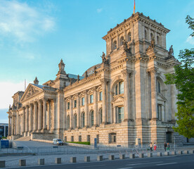 High resolution photograph of the Reichstag, the German Parliament, at sunset. German politics and the symbol of Germany