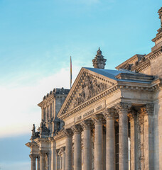 High resolution photograph of the Reichstag, the German Parliament, at sunset. German politics and the symbol of Germany