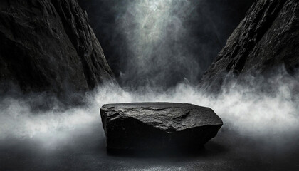 Empty black rock podium, pedestal for display mockup or products presentation. On background black rock walls with white smoke or fog and a light beam illuminating the base from above. Generative Ai.