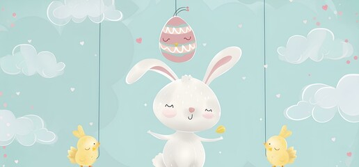 Cute Easter bunny with carrot and chicken on the rope cloud background. Happy Easter concept.