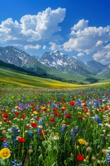 Obraz premium Bright colors, nature, vast grasslands, colorful flower seas, red, yellow, blue, and other colors of flowers, mountain slopes, blue sky and white clouds, snowy mountains in the background, 