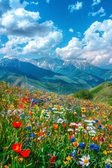 Obraz premium Bright colors, nature, vast grasslands, colorful flower seas, red, yellow, blue, and other colors of flowers, mountain slopes, blue sky and white clouds, snowy mountains in the background,