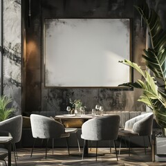 luxurious restaurant interior with a wall with a big frame
