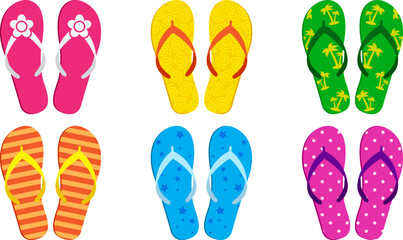 Summer beach slipper, flip flop vector icon, sand sandal, pool shoe set, cartoon rubber footwear isolated on white background. Colorful comic illustration