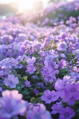 The ground is covered with purple flowers, and the sky in front has a beautiful sunrise. In springtime at Tokyo shinjuku flower park, there is an endless sea of fresh, vibrant Blue Nymbers blooming.