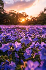Obraz premium The ground is covered with purple flowers, and the sky in front has a beautiful sunrise. In springtime at Tokyo shinjuku flower park, there is an endless sea of fresh, vibrant Blue Nymbers blooming.