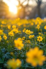 Obraz premium The ground is covered with yellow flowers, and the sky in front has a beautiful sunrise. In springtime at Tokyo shinjuku flower park, there is an endless sea of fresh, vibrant Blue Nymbers blooming. 