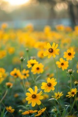 Fototapeta premium The ground is covered with yellow flowers, and the sky in front has a beautiful sunrise. In springtime at Tokyo shinjuku flower park, there is an endless sea of fresh, vibrant Blue Nymbers blooming. 