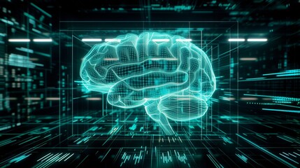 Wireframe hologram of a futuristic human brain, holographic sci-fi interface