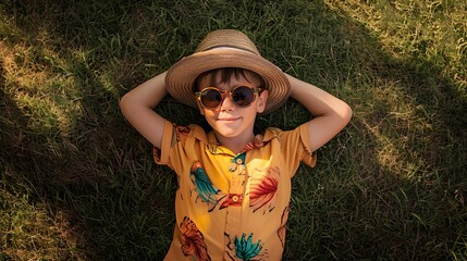 A young boy wearing sunglasses, a straw hat, and colorful clothing sits on the grass