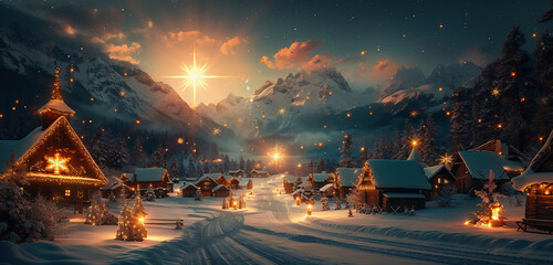 Star of Bethlehem with comet tail over a village in the mountains in winter with Christmas decor....