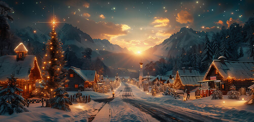 Star of Bethlehem with comet tail over a village in the mountains in winter with Christmas decor. Christmas holidays - Powered by Adobe