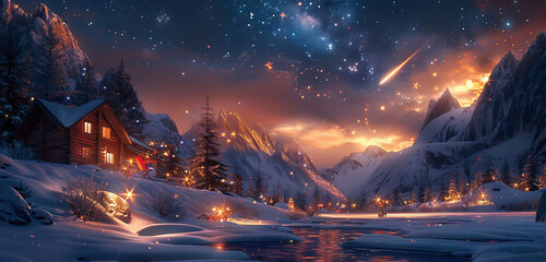 Star of Bethlehem with comet tail over a village in the mountains in winter with Christmas decor....