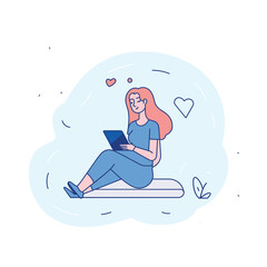 Young female cartoon character browsing laptop, relaxed sitting posture, hearts floating, technology user engagement. Cheerful woman enjoying online content, digital love concept, serene