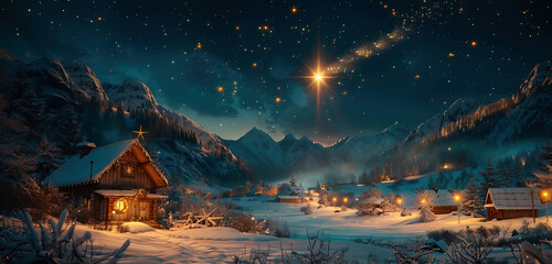 Winter landscape in the mountains. Star of Bethlehem with comet tail over a village in the...