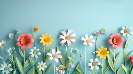 A cheerful display of paper craft flowers, with bright colors and green leaves, arranged creatively on a turquoise backdrop.