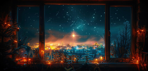 View through the window of the sky with the star of Bethlehem with a comet tail. Christmas holidays
