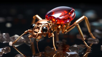 A golden steampunk ladybug with a red crystal back is sitting on a pile of scrap metal