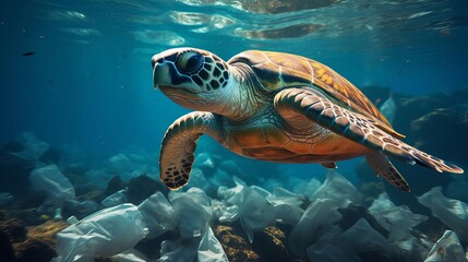 Obraz premium A beautiful sea turtle swims through a sea of plastic