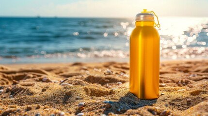 Sunscreen SPF bottle on sandy beach by the sea