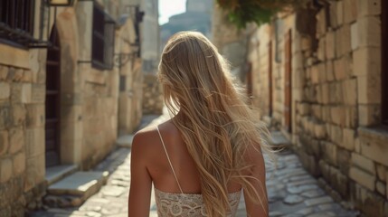 Fototapeta premium Young woman walking down a narrow cobblestone street in a historic district, exuding a sense of discovery and wanderlust. Concept of solo travel, history, and exploring new places. 