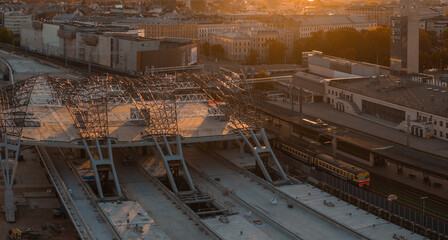 Huge Rail Baltic construction sight project in progress in Riga, Latvia. Building a main central train station in the center of Riga. Aerial view.