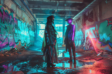 Capture a striking contrast as models don ethereal, holographic garments against a backdrop of abandoned, graffiti-covered urban decay - obrazy, fototapety, plakaty