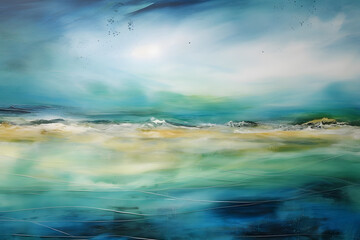 Obraz premium calming ocean surrounded by field. abstract landscape art, painting background, wallpaper