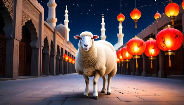 Eid ul adha mubarak theme a sheep is standing with a lot of islamic lantern lights in different colours around it behind beautiful view of mosque and dark night with stars along eid celebrations
